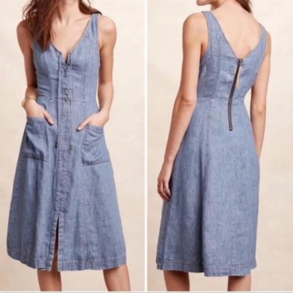 Holding Horses Anthropologie Lace Up Atoll Light Blue Denim Midi Dress 12